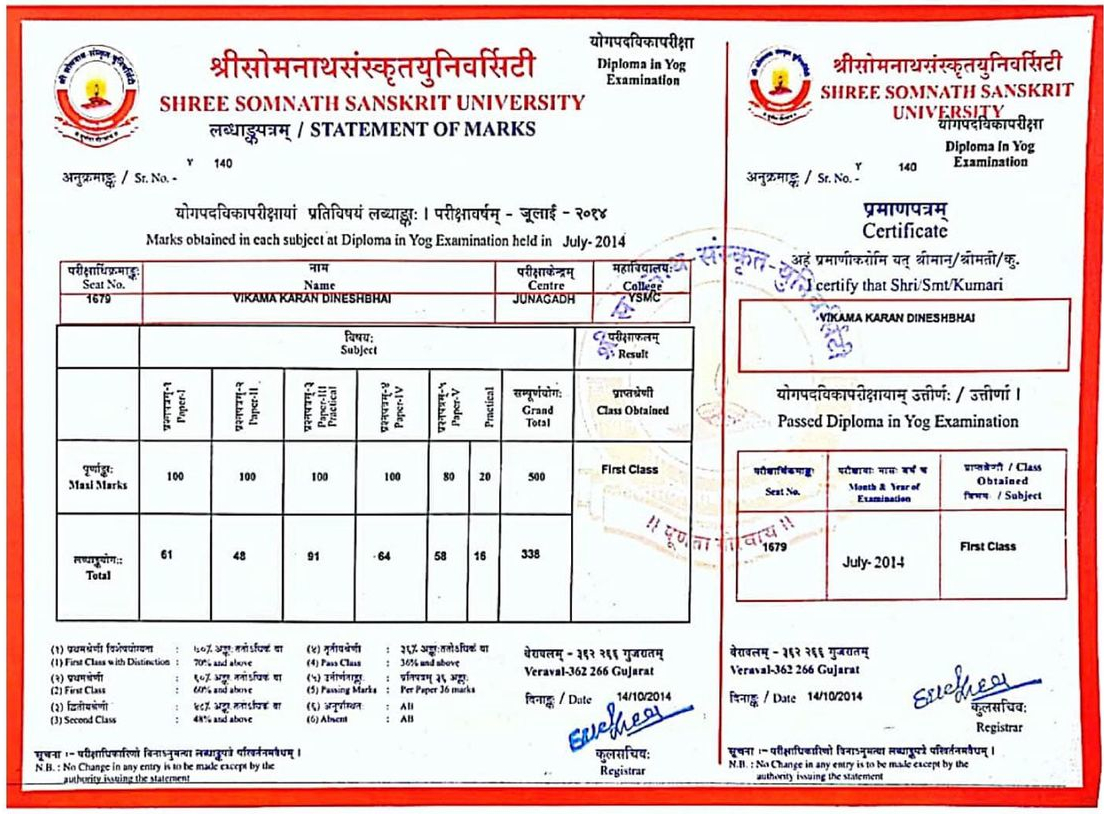 Karan Vikama Yoga Certificate
