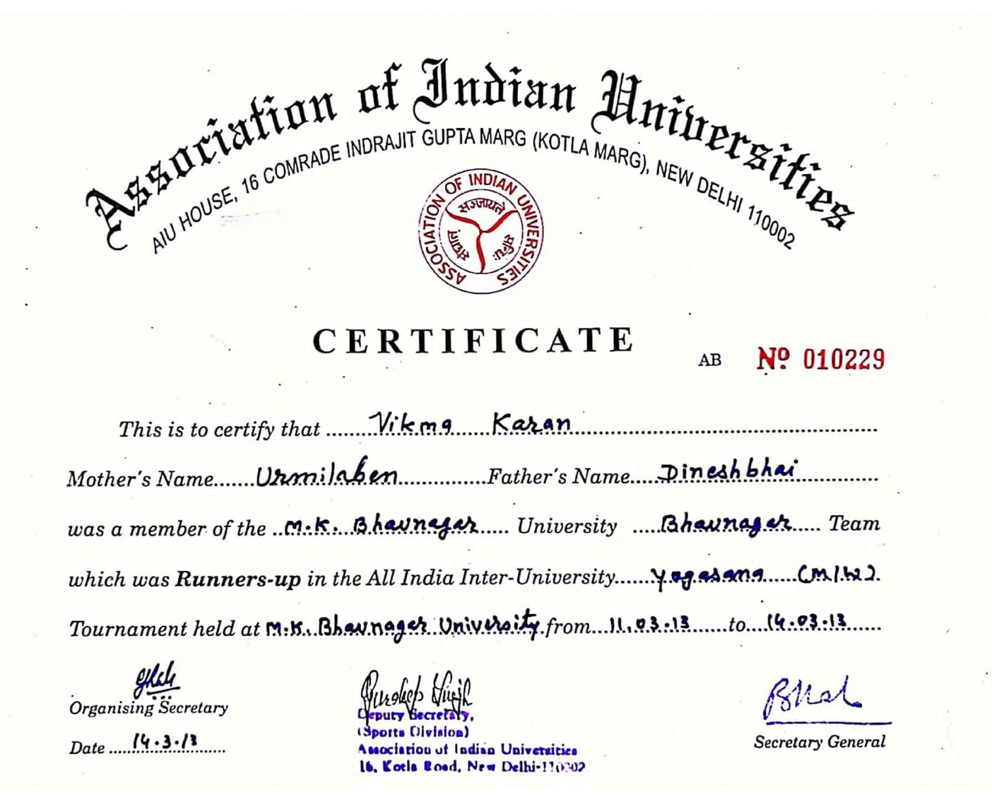 Karan Vikama Yoga Certificate